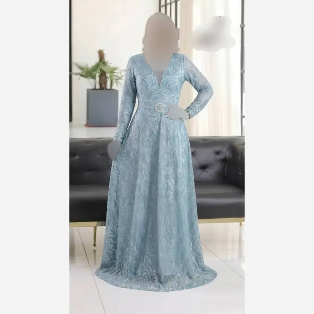 ماکسی مجلسی زنانه حریر شاین پفکی رنگ آبی سایز بزرگ