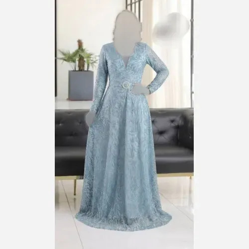 ماکسی مجلسی زنانه حریر شاین پفکی رنگ آبی سایز بزرگ