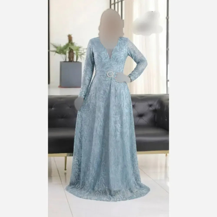 ماکسی مجلسی زنانه حریر شاین پفکی رنگ آبی سایز بزرگ