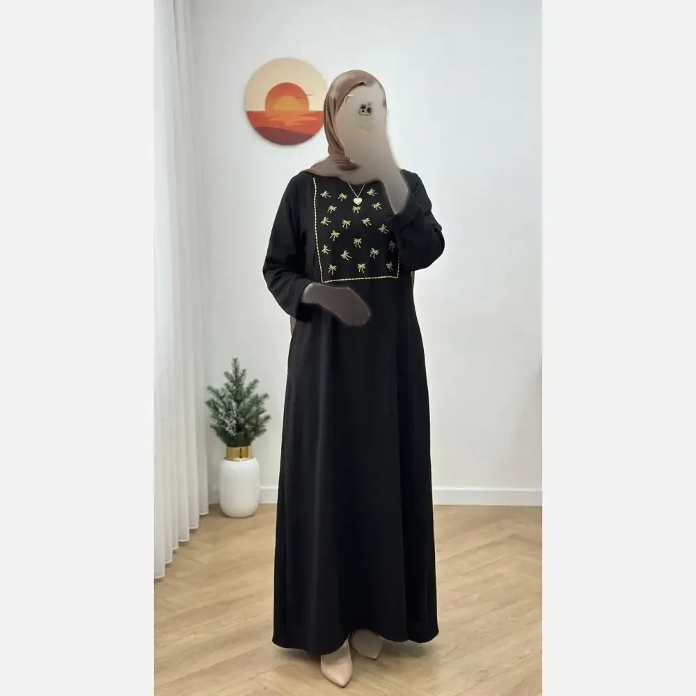 کفتان گلدوزی شانتون مشکی فری سایز جیب دار قد 135