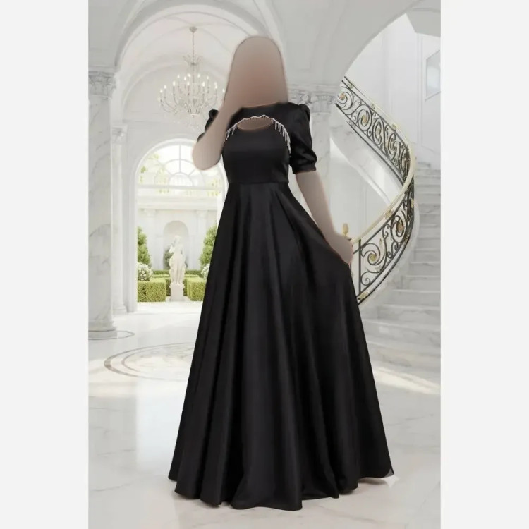 فریده ماکسی ساتن آمریکایی کمربنددار مشکی قد 155 سایزبندی 36 تا 48
