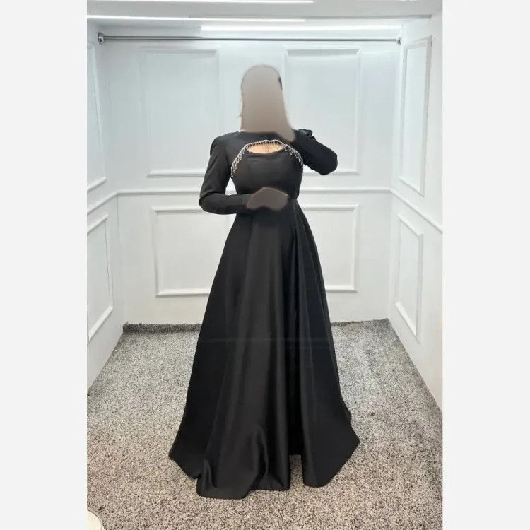 ماکسی زنانه ساتن آمریکایی قد 155 مشکی کمربنددار