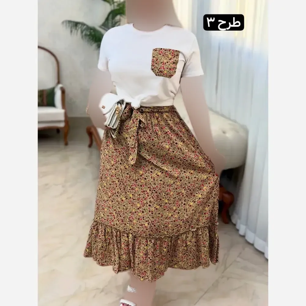ست تیشرت پنبه و دامن تمام نخ لیلی سایز فری 38 تا 46