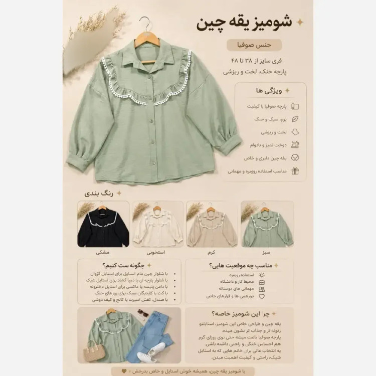 شومیز یقه چین جنس صوفیا فری سایز