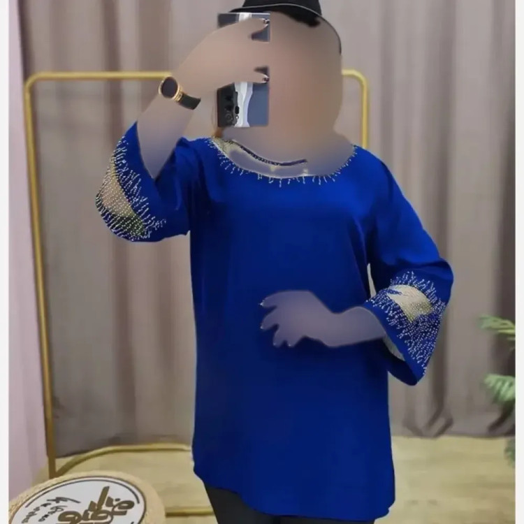 بلوز زنانه مجلسی قواره دار سایز بزرگ کرپ الیزه و حریر نگین کاری شده