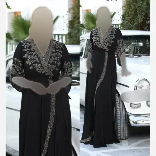 پیراهن مجلسی زنانه حریر نگین دار قد 160 رنگ سبز مشکی سایز بزرگ