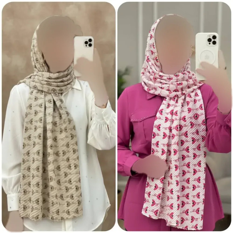 شال لاله ژاکارد پلیسه نارنجی کرم گل مشکی فری سایز ابعاد 51*200