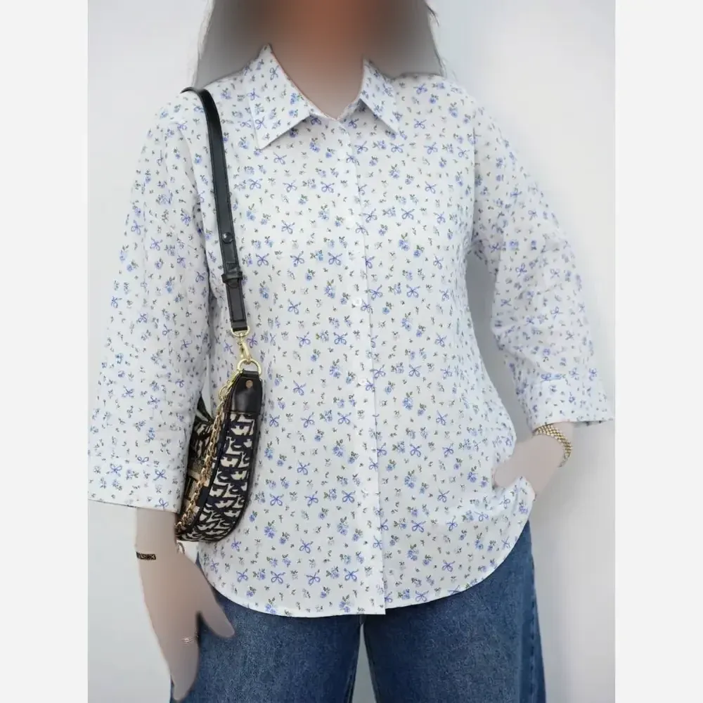 شومیز بوگاتی اعلا طرح گل آبی فری سایز