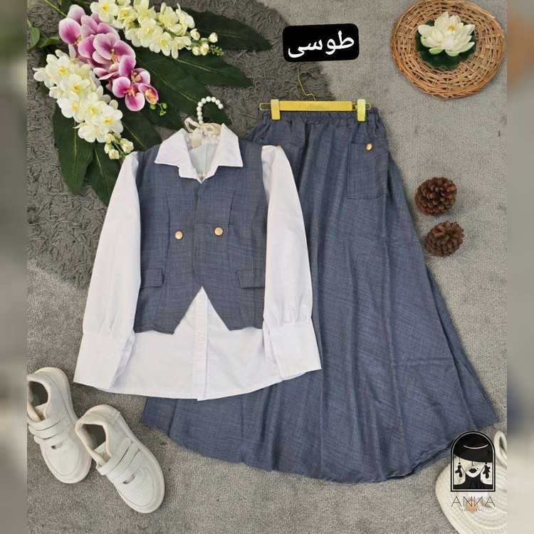 ست شومیز دامن زنانه مدل ژینا جنس شانتون با فری سایز