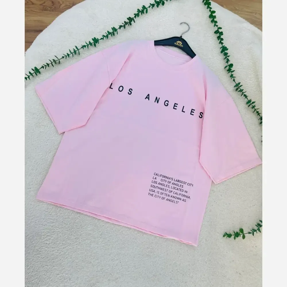 تیشرت باکسی سوپر پنبه طرح LOS ANGELES رنگ صورتی و کرم سایز فری سایز