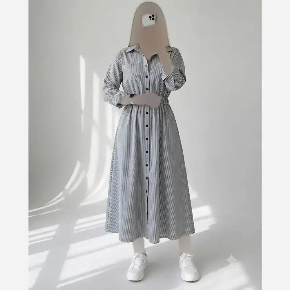 پیراهن زنانه لینن راه راه مدل نیلا جیب دار سایز 38 تا 46